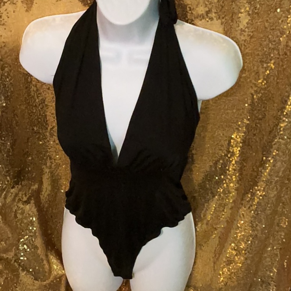 Windsor Black Halter Bodysuit with Deep V